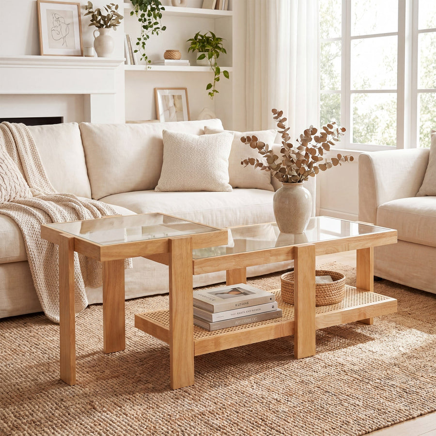 Nesting Coffee Tables Set of 2 with Rattan Shelf - Natural
