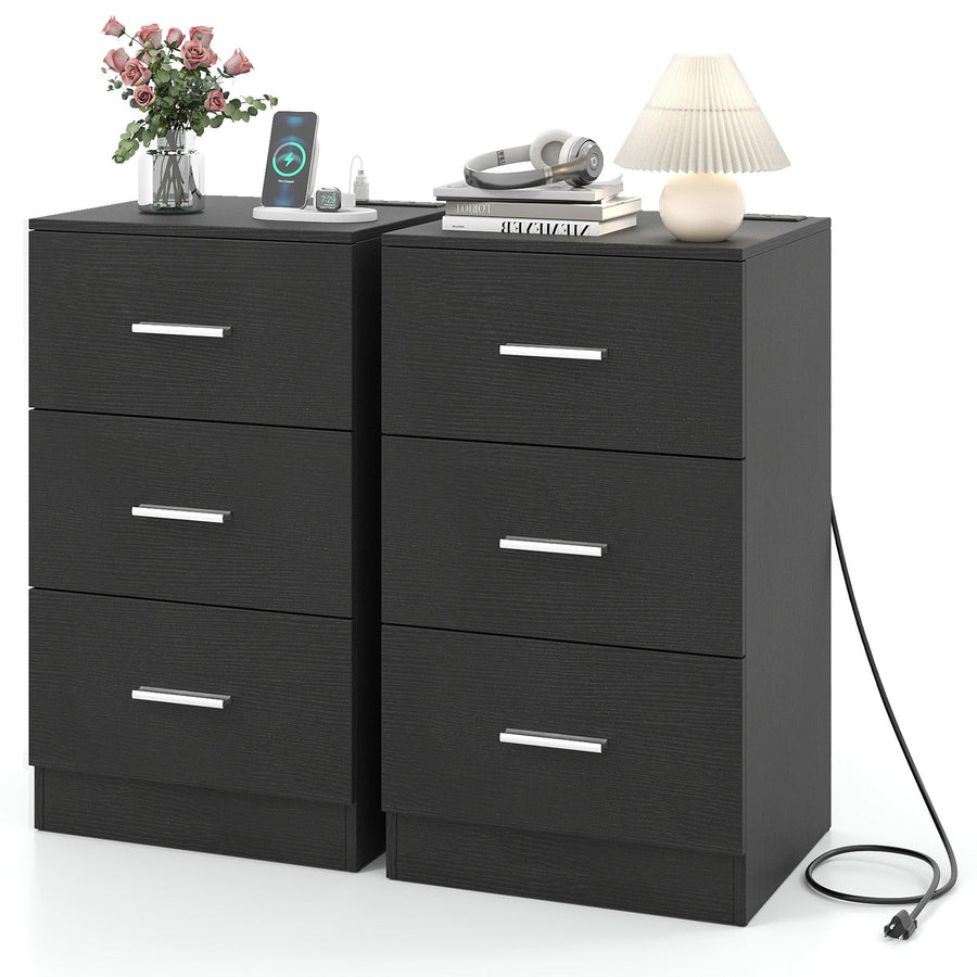 Set of 2 Nightstand with Charging Station End Table with 3 Storage Drawers Bedside Table for Bedroom