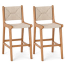 Set of 2 Outdoor Counter Height Bar Stool Woven Paper Rope Patio Barstool with Teak Wood Frame
