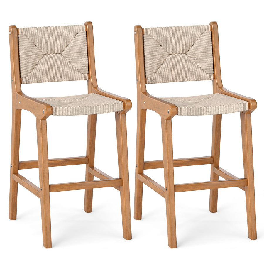 Set of 2 Outdoor Counter Height Bar Stool Woven Paper Rope Patio Barstool with Teak Wood Frame