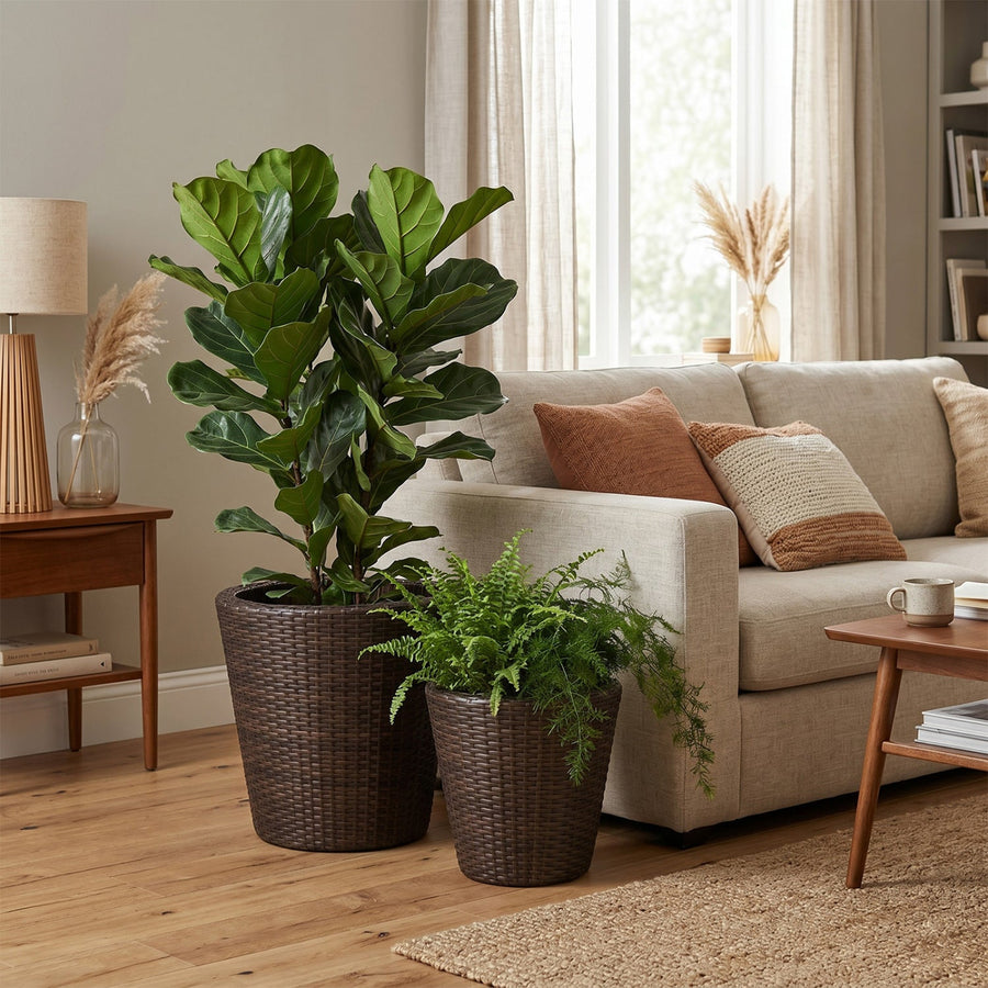 Rattan Planters Set of 2 with Drainage Holes and Saucers