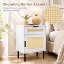 Rattan Nightstand Set of 2 with Drawer and Cabinet - White