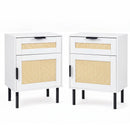 Rattan Nightstand Set of 2 with Drawer and Cabinet - White