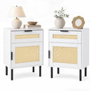 Rattan Nightstand Set of 2 with Drawer and Cabinet - White