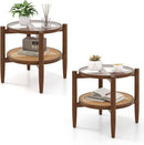 Round Rattan Side Table Set with Glass Top - Set of 2