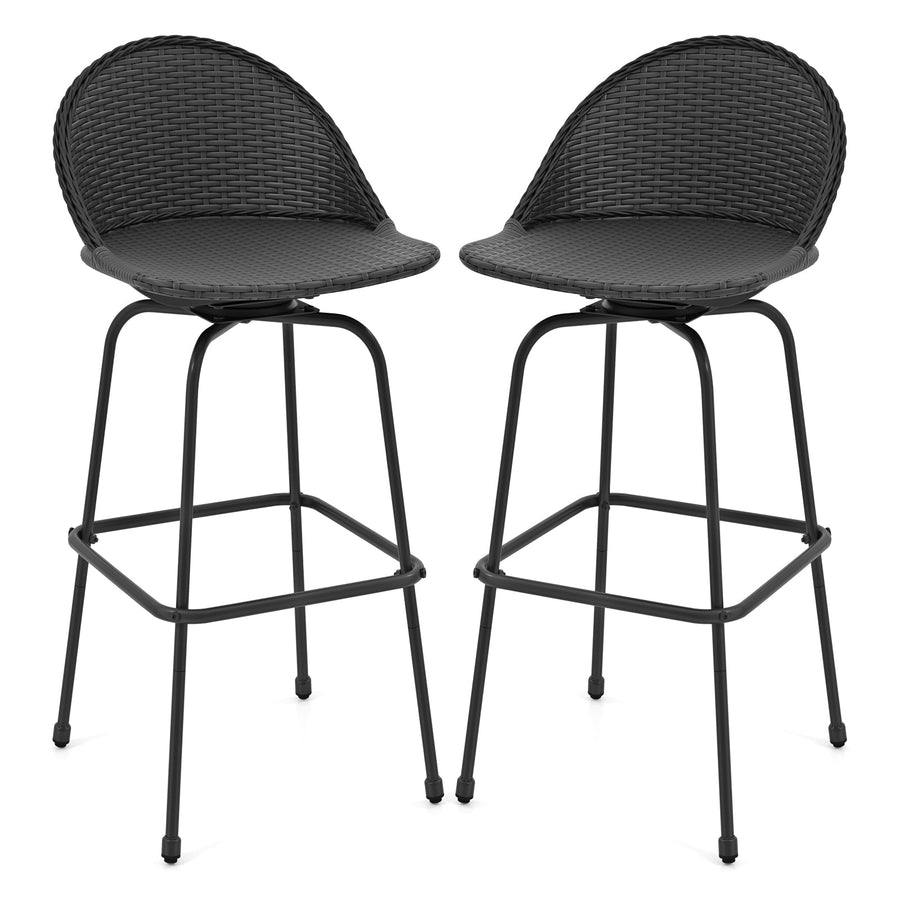 Set of 2 Rattan Swivel Barstools with Curved Back-Black