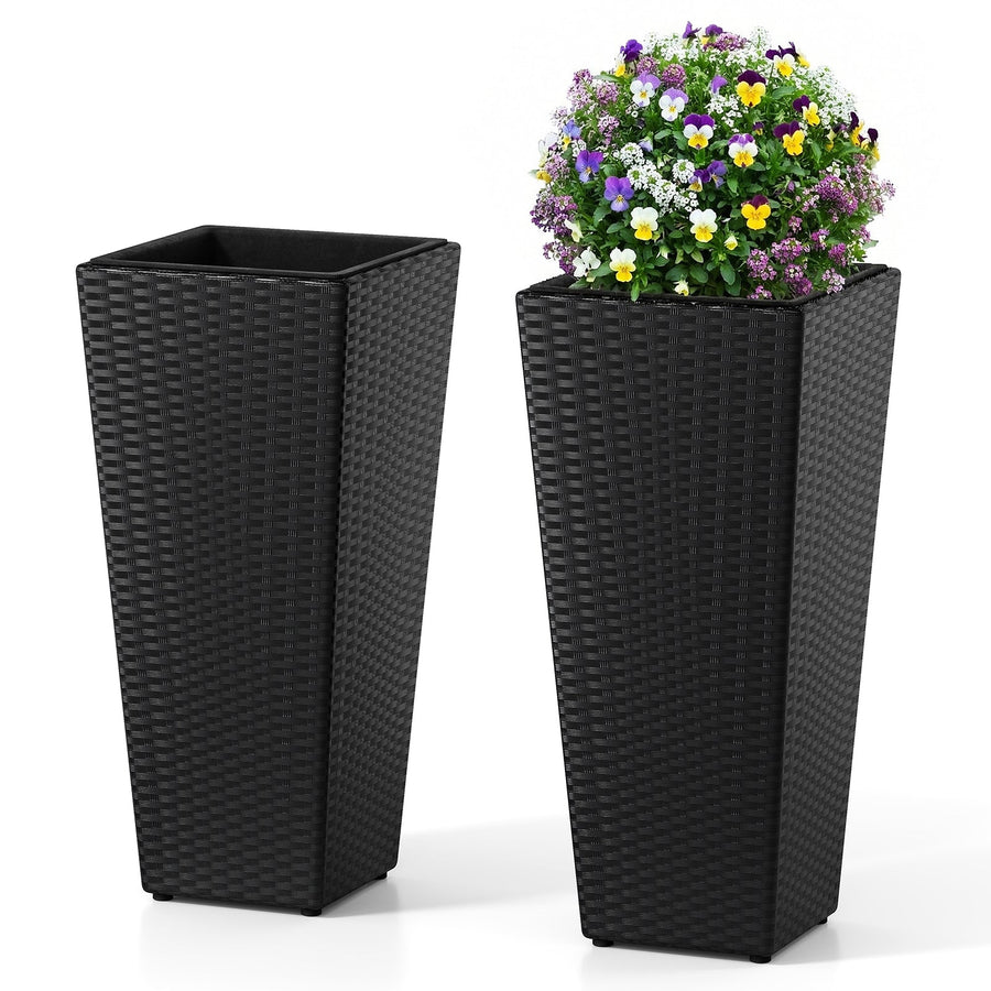 Set of 2 Rattan Tall Plant Pots with Detachable Plastic Liners-Black