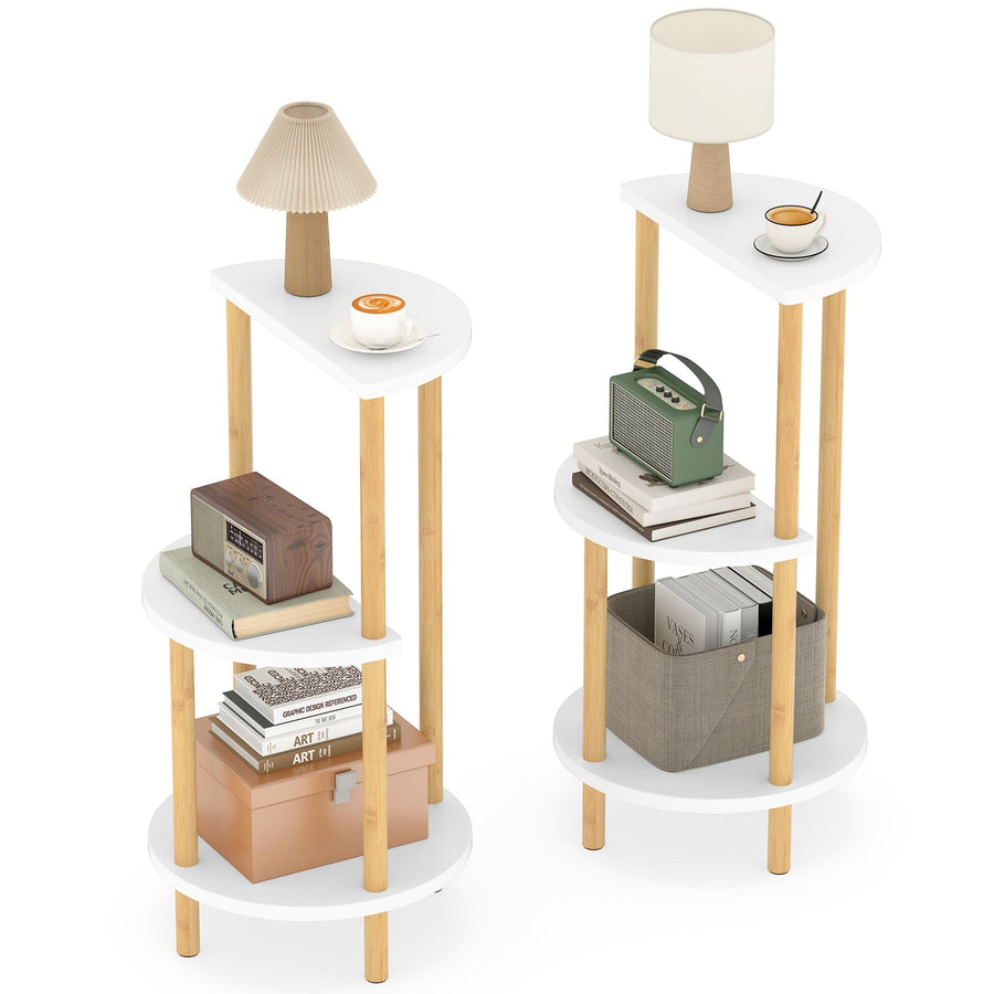 Set of 2 Round Side Table Compact with 3-Tier Shelves and Bamboo Construction-White