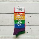 She Her They Them He Him Us Pronoun Socks | Pride LGBTQ+ Rainbow Pattern Socks