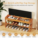 Shoe Rack Bench with Storage 2-Tier Rubberwood Entryway Bench with Flip-Open Storage