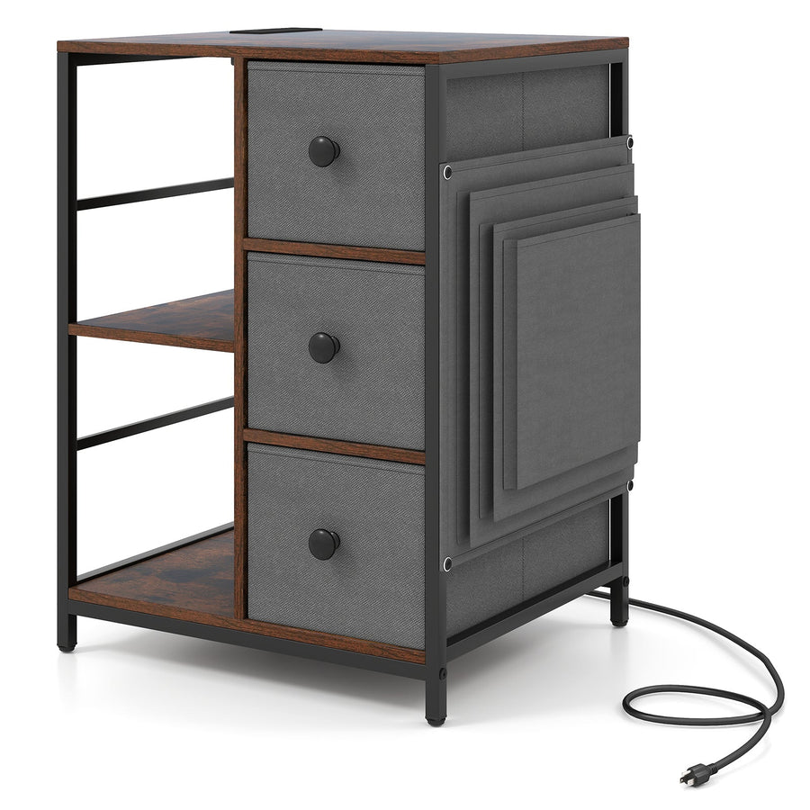 Side Table with Charging Station Industrial Nightstand with Open Shelves-Rustic Brown