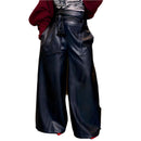 [Size 2X Remaining] Faux Leather High Waisted Wide Leg Belted Solid Color Zipper Pants Trousers in Black