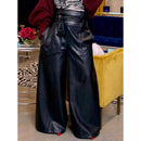 [Size 2X Remaining] Faux Leather High Waisted Wide Leg Belted Solid Color Zipper Pants Trousers in Black
