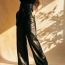 [Size 2X Remaining] Faux Leather High Waisted Wide Leg Belted Solid Color Zipper Pants Trousers in Black