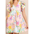 [Size L] Floral Printed Dress in Blush | V Neckline Button Down Mini Dress
