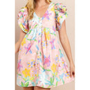 [Size L] Floral Printed Dress in Blush | V Neckline Button Down Mini Dress