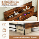 Slatted Full Bed Frame with LED Lights and Storage Headboard No Box Spring Needed-Full Size
