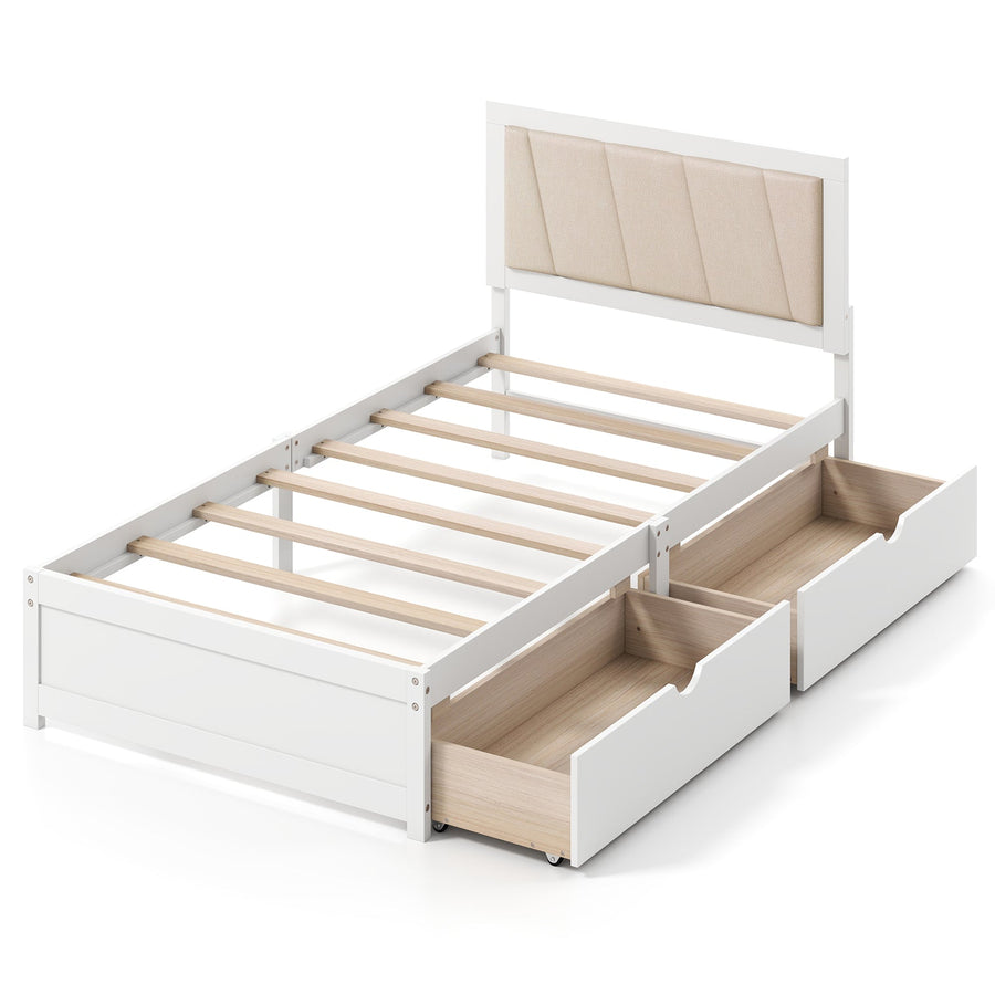 Solid Wood Structure Bed Frame with 2 Drawers Upholstered Headboard-Twin Size