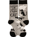 Sorry I'm Late I Saw A Cat Woven Socks | Black & White Cats Designs Novelty Socks