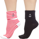 Sourpuss Anchor Socks Set of Two | Nautical Red Striped & Black Ankle Socks Women’s Size 5-10