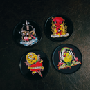 Sourpuss Coasters | Tattoo Flash Cartoon Set of Four | Metal & Cork Retro Round Drinkware with Tin