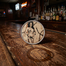 Sourpuss Nudie Coasters | Western Pin-Up Girls Set of Four | Metal & Cork Retro Round Drinkware with Tin