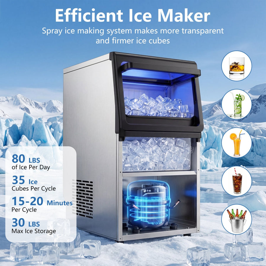 Stainless Steel Spary Ice Maker with 30 LBS Storage Capacity and 80 LBS Per Day