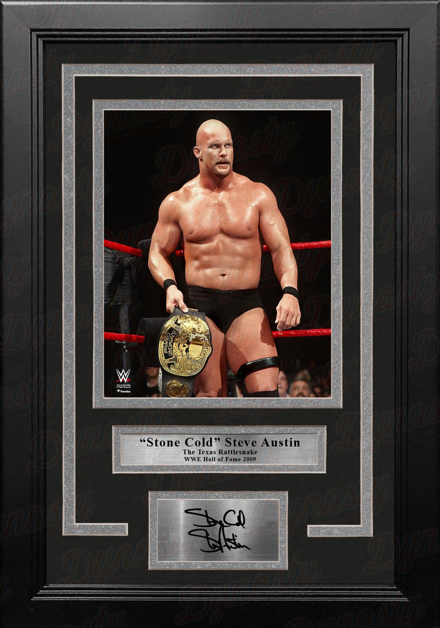 Stone Cold Steve Austin Smoking Skull Belt 8x10 Framed WWE Wrestling Photo with Engraved Autograph