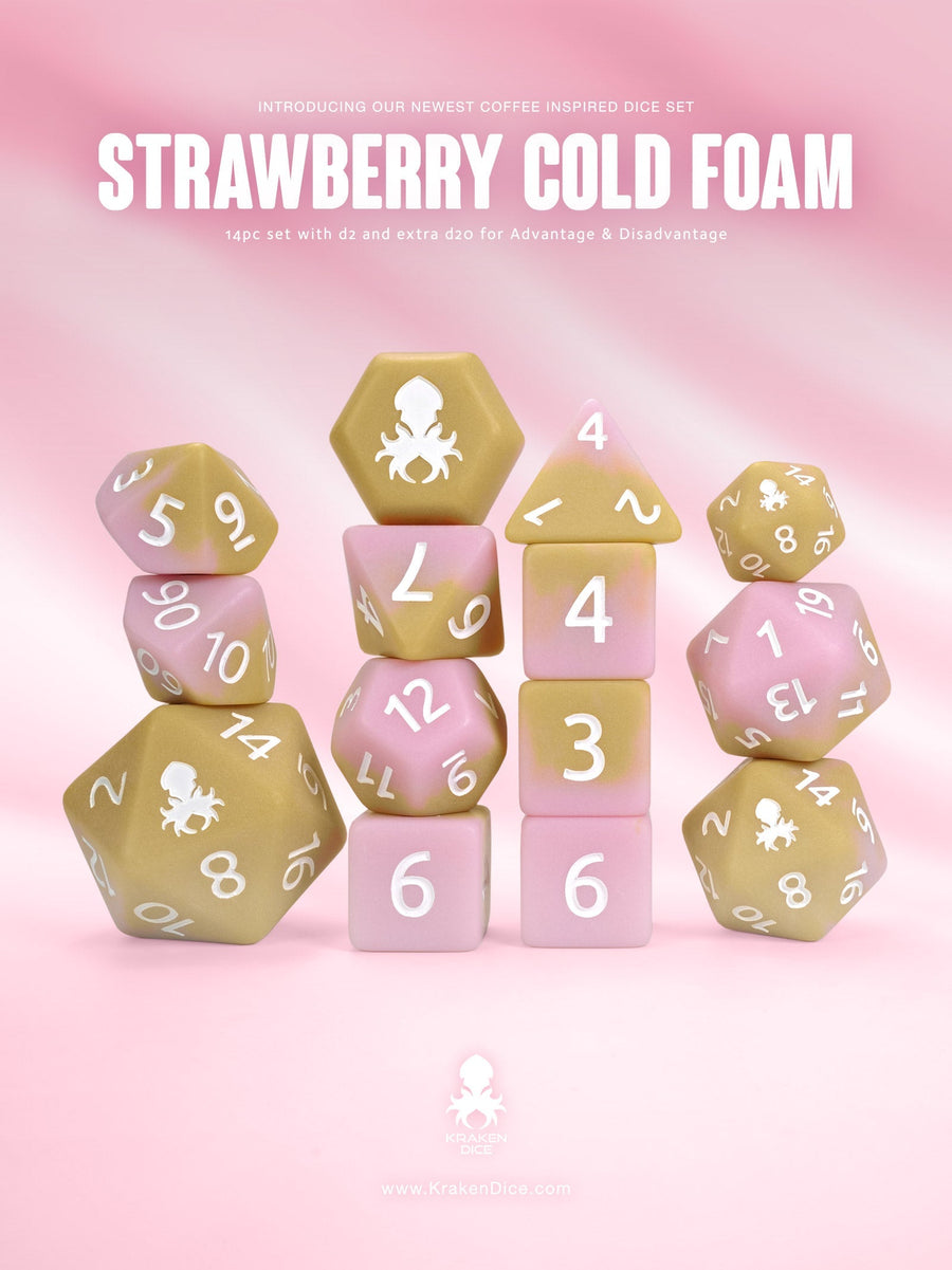 Strawberry Cold Foam Matte 14pc Dice Set inked in White