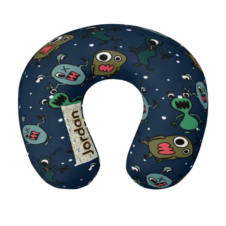 Personalized Monster Print Kids Travel Neck Pillow with Name | Memory Foam, Detachable Washable Cover | Custom Gift for Kids