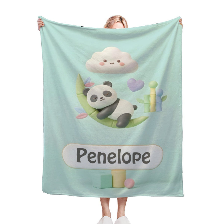 Personalized Kawaii Panda Blanket | Custom Name | Sleepy Panda Pastel Cloud Mint Blue Fleece Throw Gift