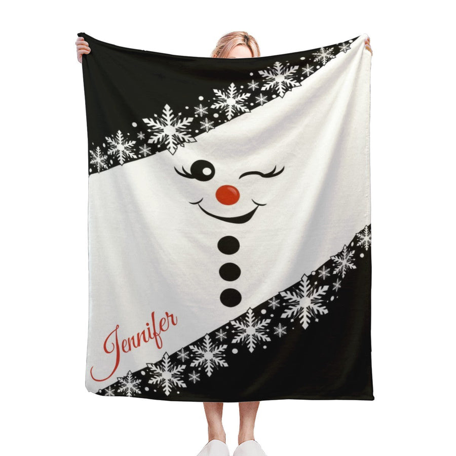 Personalized Snowman Christmas Blanket with Name - Bold Black & White Snowflake Design with Winking Snowman Face