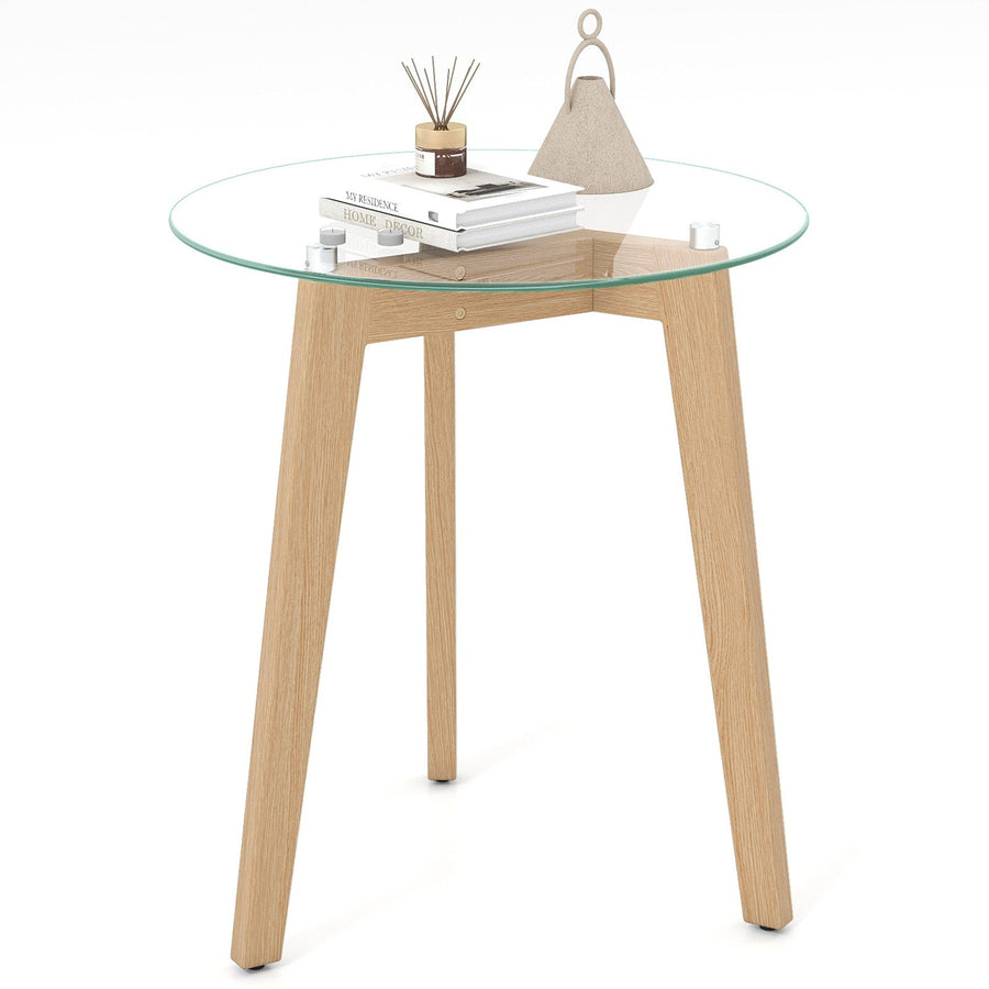 Tempered Glass End Table Round with Solid Rubber Wood Structure