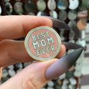 The Best Mom Ever Round Pink Enamel Pin on Gift Card