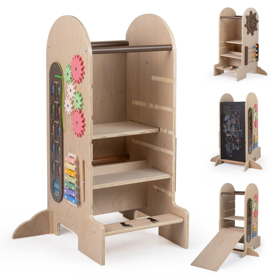 Toddler Standing Tower Kids Step Stool with Adjustable Height Chalkboard and Slide