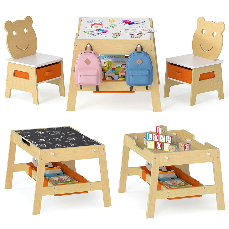 Toddler Table and 2 Chairs 5-in-1 Cute Art Desk Set with Reversible Chalkboard Whiteboard