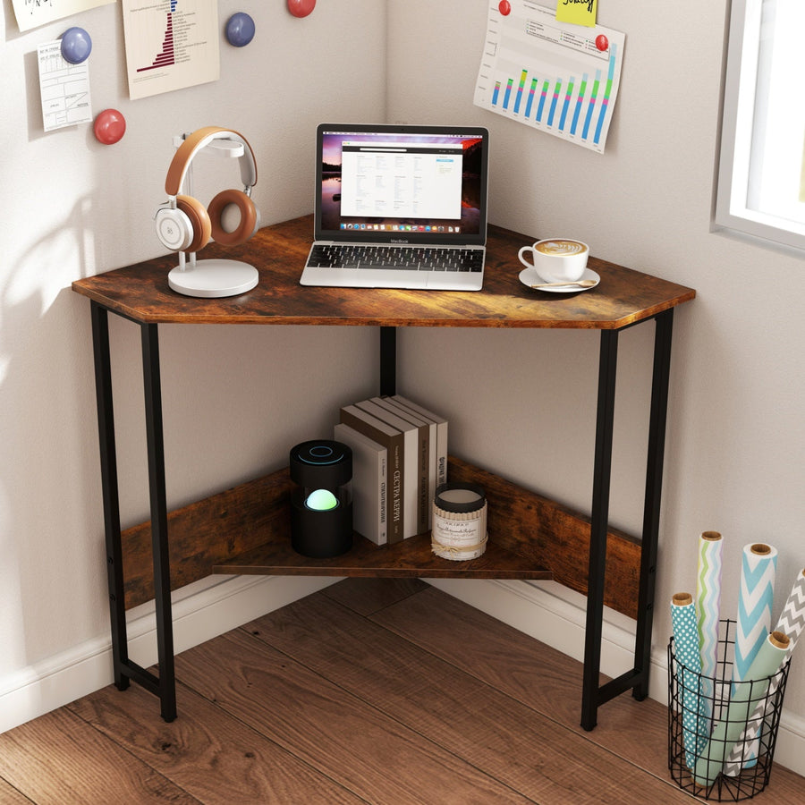 Triangle Corner Desk with Charging Station - Rustic Brown