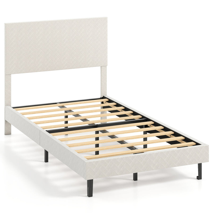 Twin/Full/Queen Size Velvet Bed Frame Upholstered Platform Bed with Chevron Headboard Beige