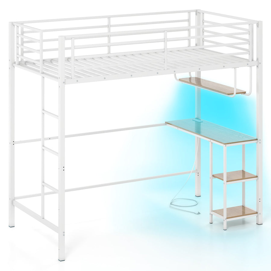 Twin Loft Bed with Desk LED Lights Charging Station Heavy-duty Metal Bed Frame with Guardrail