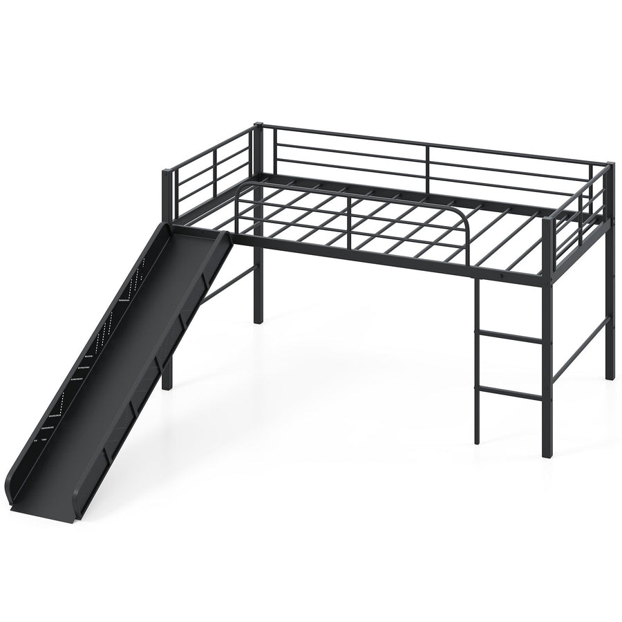 Twin Metal Loft Bed with Slide Safety Guardrails and Built-in Ladder