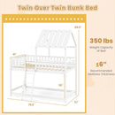 Twin Over Twin House Bunk Bed with Roof and Full-length Guardrails for Kids Teens Boys Girls