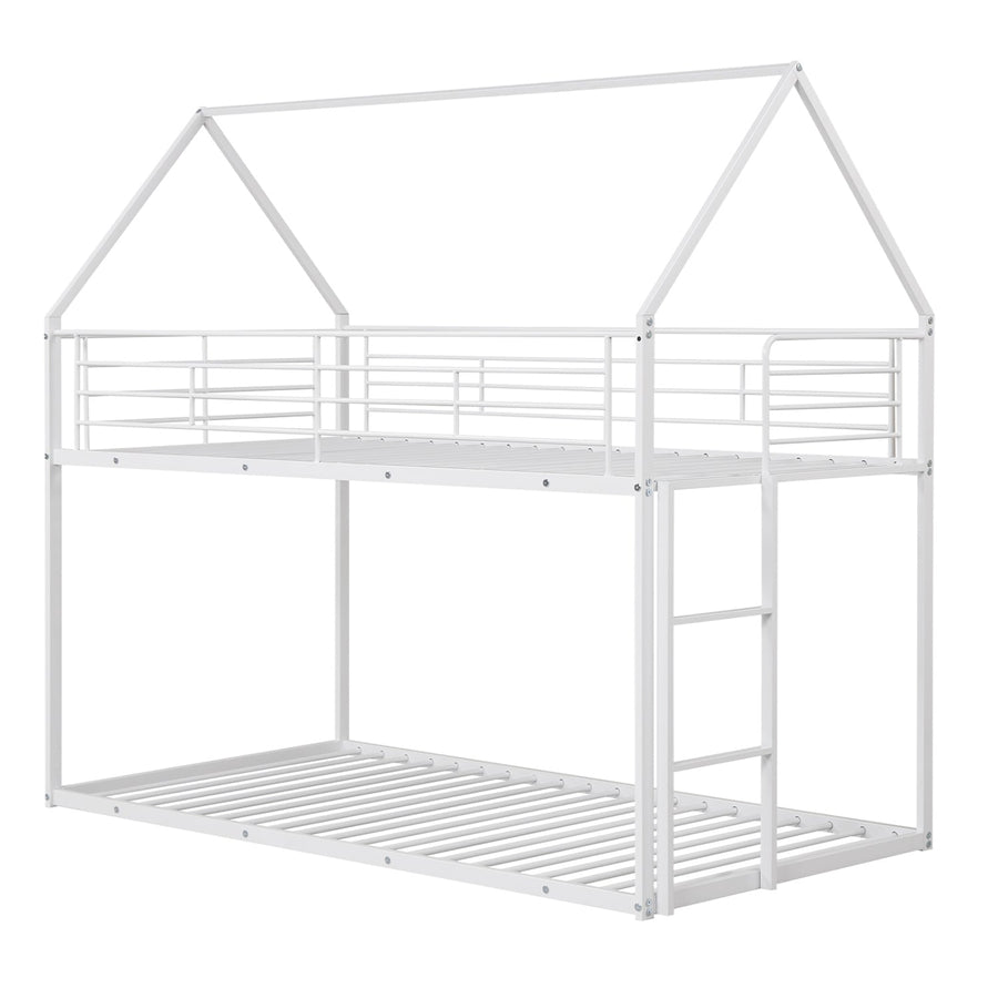 Twin Over Twin Metal Bunk Bed with Roof and Ladder