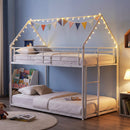 Twin Over Twin Metal Bunk Bed with Roof and Ladder