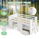 Twin Size Solid Wood Low Loft Bed with Storage and Drawer-White