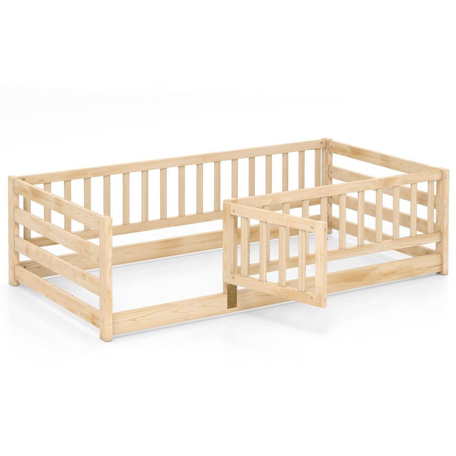 Twin Size Floor Bed with High Fence and Door Playhouse for Kids