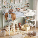 Twin Low Loft Bed with Storage Shelves and Ladder - White