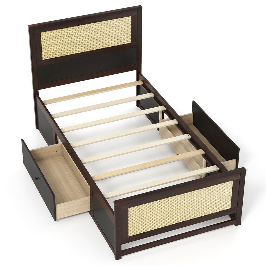 Twin Size Rattan Bed Frame with Storage Drawers
