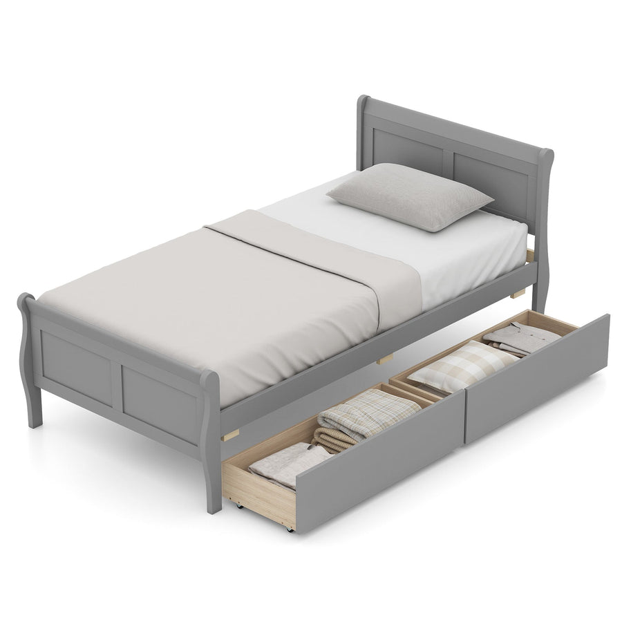 Twin Size Sleigh Bed with 2 Storage Drawers Wood Platform Bed Frame
