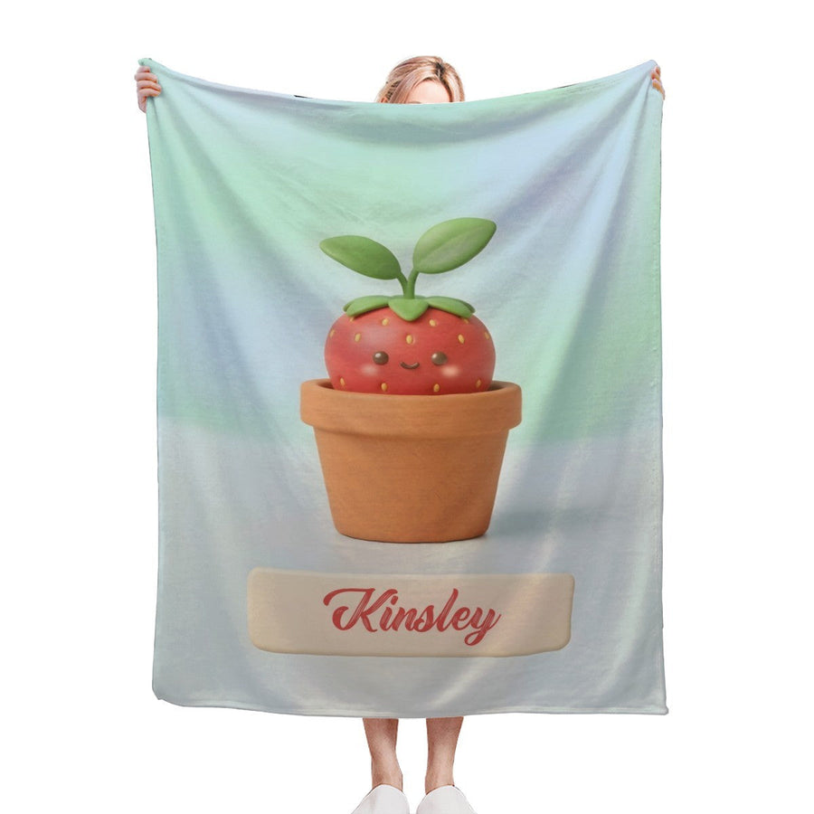 Personalized Kawaii Strawberry Blanket | Custom Name | Cute Potted Fruit Mint Blue Fleece Throw Gift