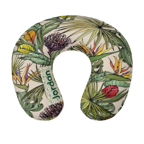 Personalized Tropical Botanical Travel Neck Pillow with Name | Memory Foam, Detachable Washable Cover | Custom Gift for Travelers